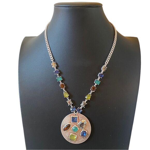 Silver Tone Multi Colored Faux Gemstone Pendant Necklace. - Picture 1 of 5
